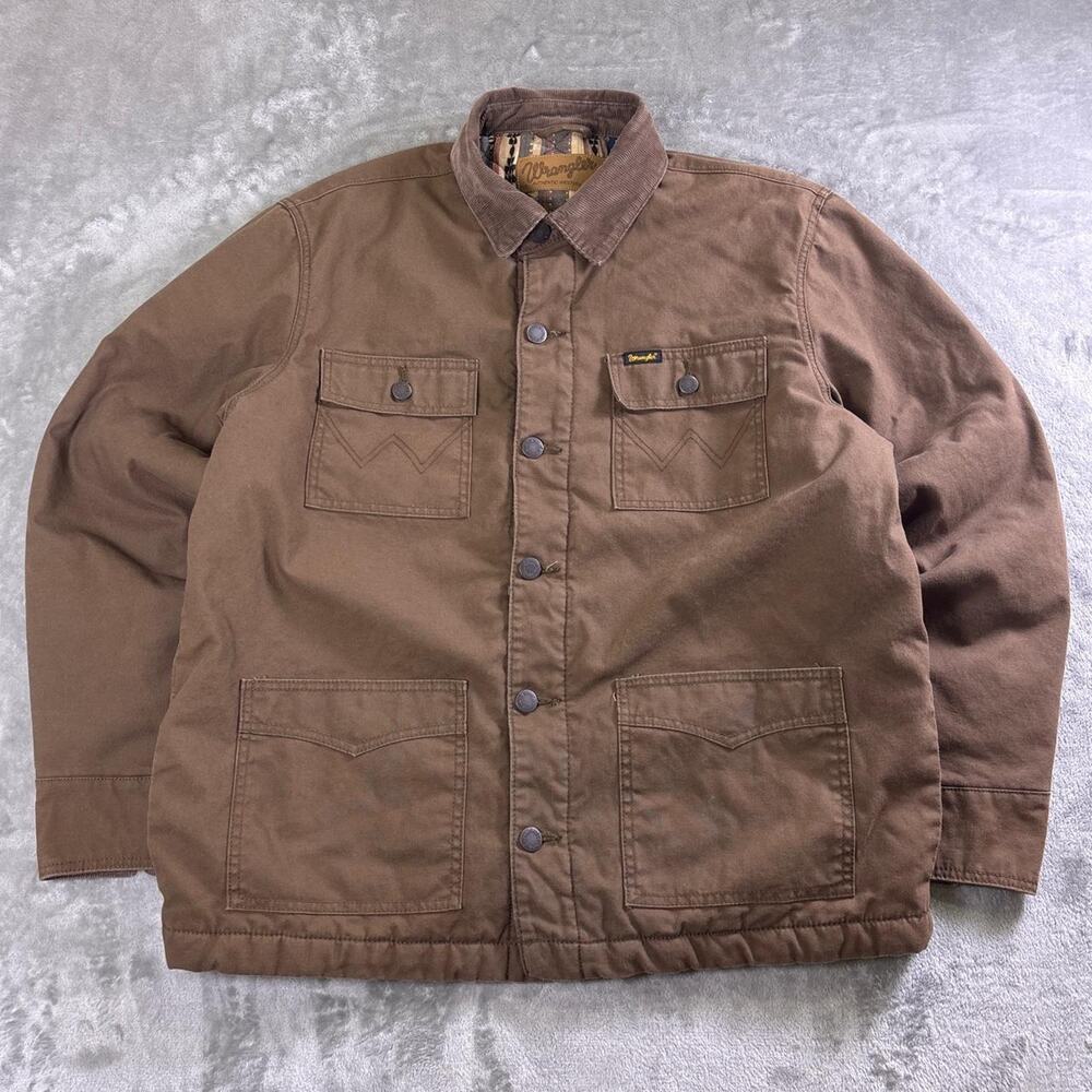 Wrangler Authentic Western Jacket Mens Large Brown Canvas Aztec Lined Chore Coat